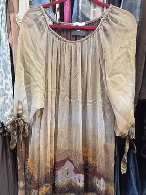 Beautiful Bohemian Tie-Dye Peasant Dress - Neutral Brown. Silky & Slip Under